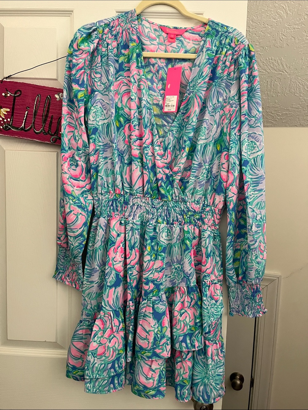 Lilly Pulitzer womens Floral Pink & Aqua Tiered Smocked Dress